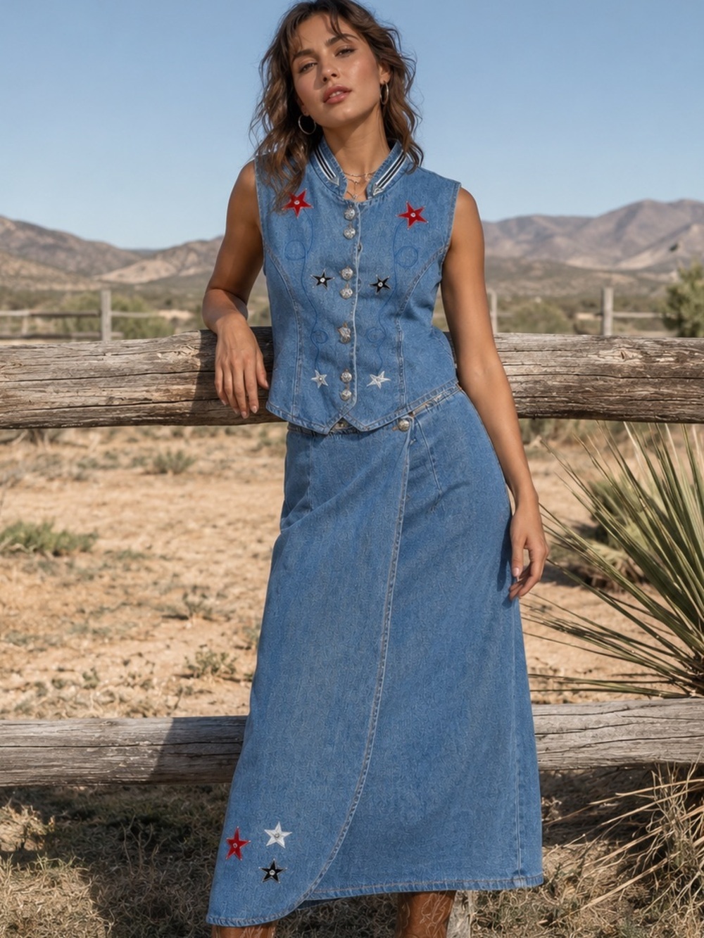 Vintage Green Field USA Star Embellished Denim Vest and Skirt Western Combo